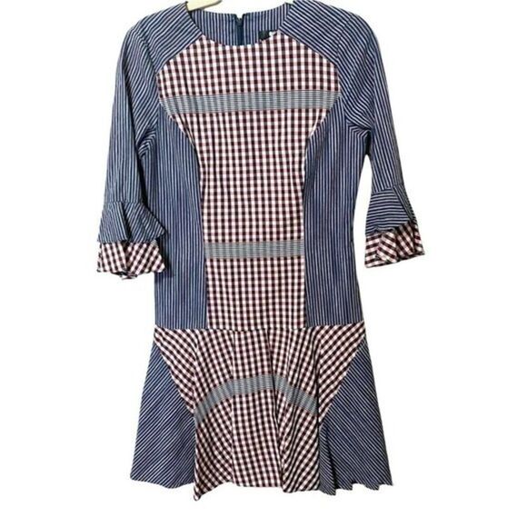 Badgley Mischka Collection Plaid & Striped Combo Flounce Plaid Day Dress Size 4 - Picture 8 of 11